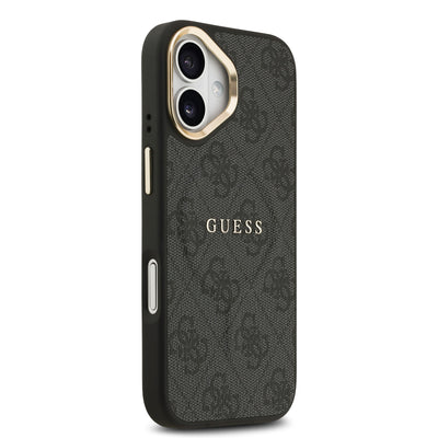 Apple iPhone 17 Kılıf Guess Orjinal Lisanslı M-safe Şarj Özellikli Gold Metal Kamera Çerçeveli PU Deri 4G Desenli Yazı Logolu Kapak Kahverengi