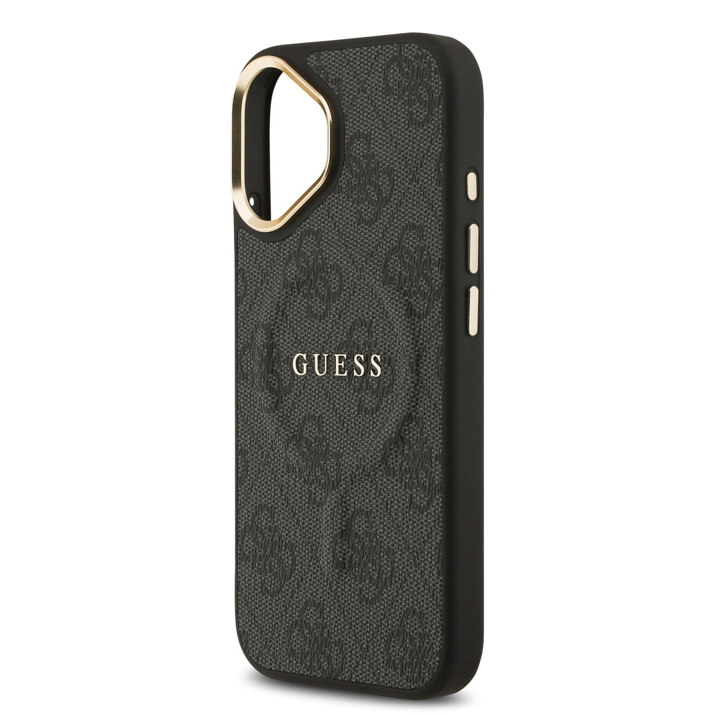iPhone 17 Kılıf Guess Orjinal Lisanslı M-safe Şarj Özellikli Gold Metal Kamera Çerçeveli PU Deri 4G Desenli Yazı Logolu Kılıf