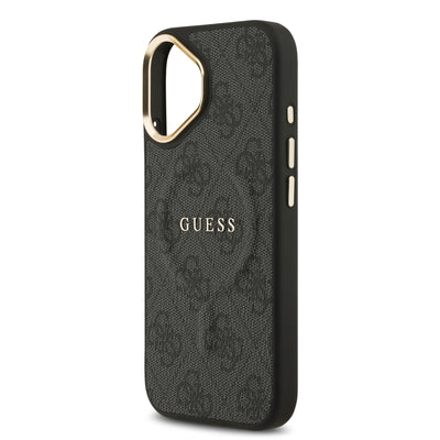 Apple iPhone 17 Kılıf Guess Orjinal Lisanslı M-safe Şarj Özellikli Gold Metal Kamera Çerçeveli PU Deri 4G Desenli Yazı Logolu Kapak Kahverengi