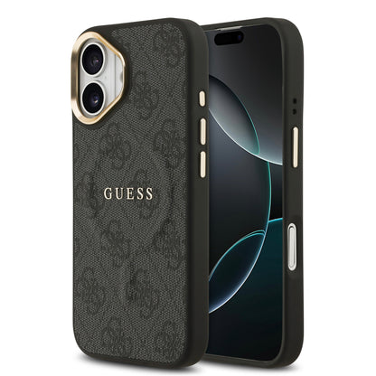 iPhone 17 Kılıf Guess Orjinal Lisanslı M-safe Şarj Özellikli Gold Metal Kamera Çerçeveli PU Deri 4G Desenli Yazı Logolu Kılıf