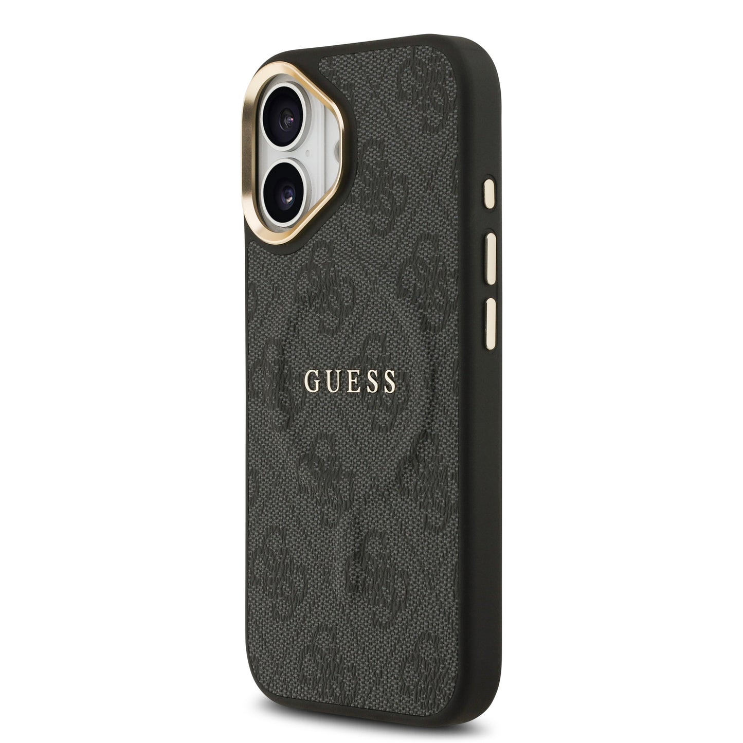 iPhone 17 Kılıf Guess Orjinal Lisanslı M-safe Şarj Özellikli Gold Metal Kamera Çerçeveli PU Deri 4G Desenli Yazı Logolu Kılıf