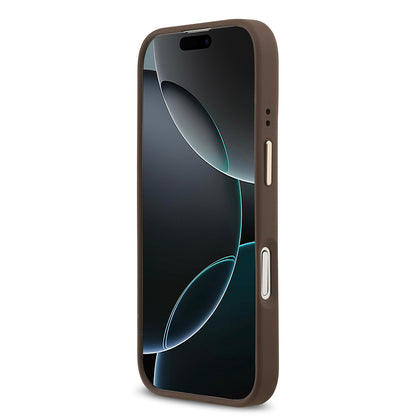 iPhone 17 Kılıf Guess Orjinal Lisanslı M-safe Şarj Özellikli Gold Metal Kamera Çerçeveli PU Deri 4G Desenli Yazı Logolu Kılıf