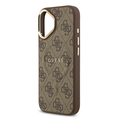 Apple iPhone 17 Kılıf Guess Orjinal Lisanslı M-safe Şarj Özellikli Gold Metal Kamera Çerçeveli PU Deri 4G Desenli Yazı Logolu Kapak Kahverengi