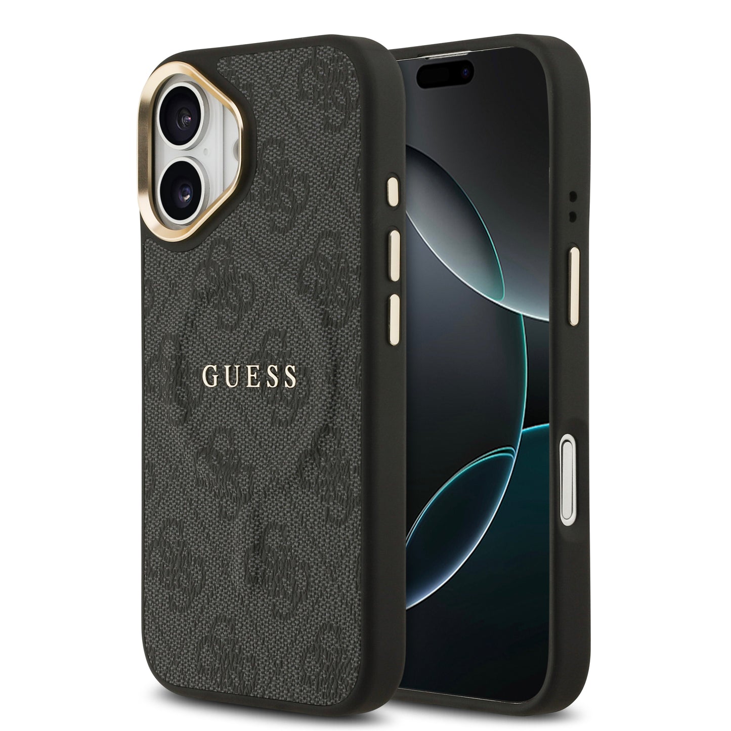 iPhone 17 Kılıf Guess Orjinal Lisanslı M-safe Şarj Özellikli Gold Metal Kamera Çerçeveli PU Deri 4G Desenli Yazı Logolu Kılıf