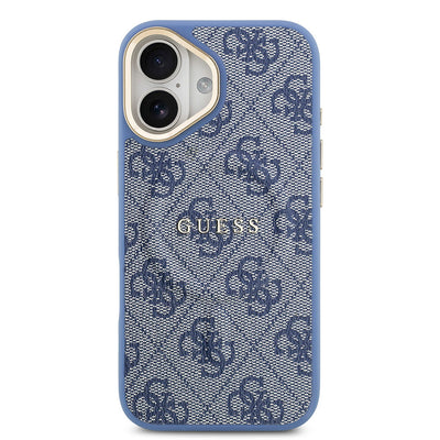 Apple iPhone 17 Kılıf Guess Orjinal Lisanslı M-safe Şarj Özellikli Gold Metal Kamera Çerçeveli PU Deri 4G Desenli Yazı Logolu Kapak Pembe