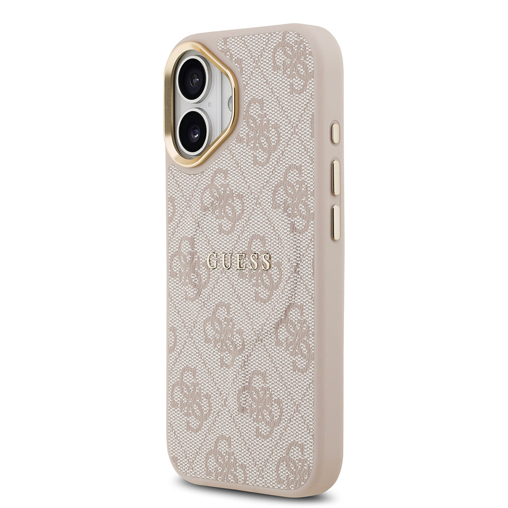 iPhone 17 Kılıf Guess Orjinal Lisanslı M-safe Şarj Özellikli Gold Metal Kamera Çerçeveli PU Deri 4G Desenli Yazı Logolu Kılıf