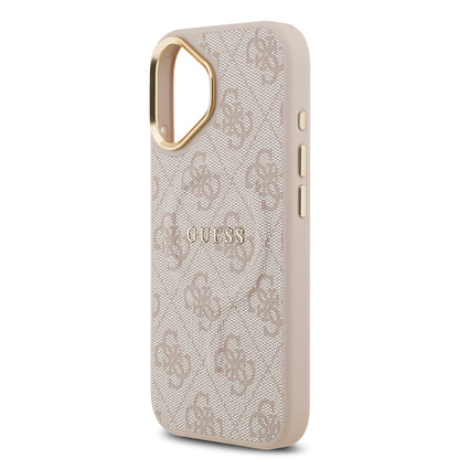 iPhone 17 Kılıf Guess Orjinal Lisanslı M-safe Şarj Özellikli Gold Metal Kamera Çerçeveli PU Deri 4G Desenli Yazı Logolu Kılıf