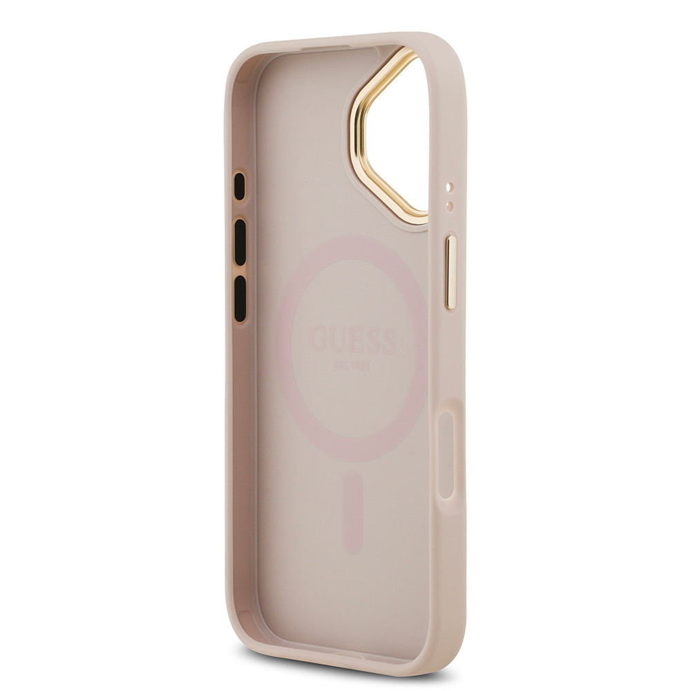 iPhone 17 Kılıf Guess Orjinal Lisanslı M-safe Şarj Özellikli Gold Metal Kamera Çerçeveli PU Deri 4G Desenli Yazı Logolu Kılıf