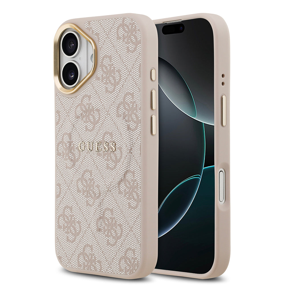 iPhone 17 Kılıf Guess Orjinal Lisanslı M-safe Şarj Özellikli Gold Metal Kamera Çerçeveli PU Deri 4G Desenli Yazı Logolu Kılıf