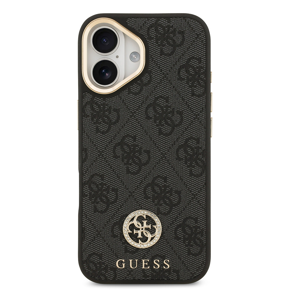 iPhone 17 Kılıf Guess Orjinal Lisanslı M-safe Şarj Özellikli Gold Metal Kamera Çerçeveli Taşlı 4G Logolu Kılıf