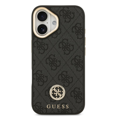 Apple iPhone 17 Kılıf Guess Orjinal Lisanslı M-safe Şarj Özellikli Gold Metal Kamera Çerçeveli Taşlı 4G Logolu Kapak  Kahverengi