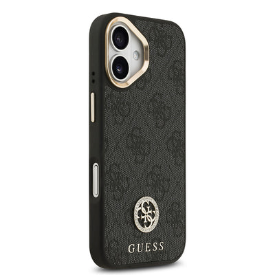 Apple iPhone 17 Kılıf Guess Orjinal Lisanslı M-safe Şarj Özellikli Gold Metal Kamera Çerçeveli Taşlı 4G Logolu Kapak  Kahverengi