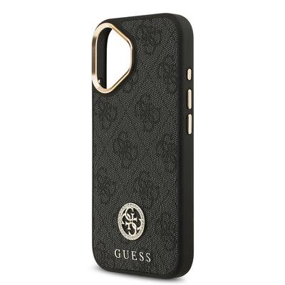 Apple iPhone 17 Kılıf Guess Orjinal Lisanslı M-safe Şarj Özellikli Gold Metal Kamera Çerçeveli Taşlı 4G Logolu Kapak  Kahverengi