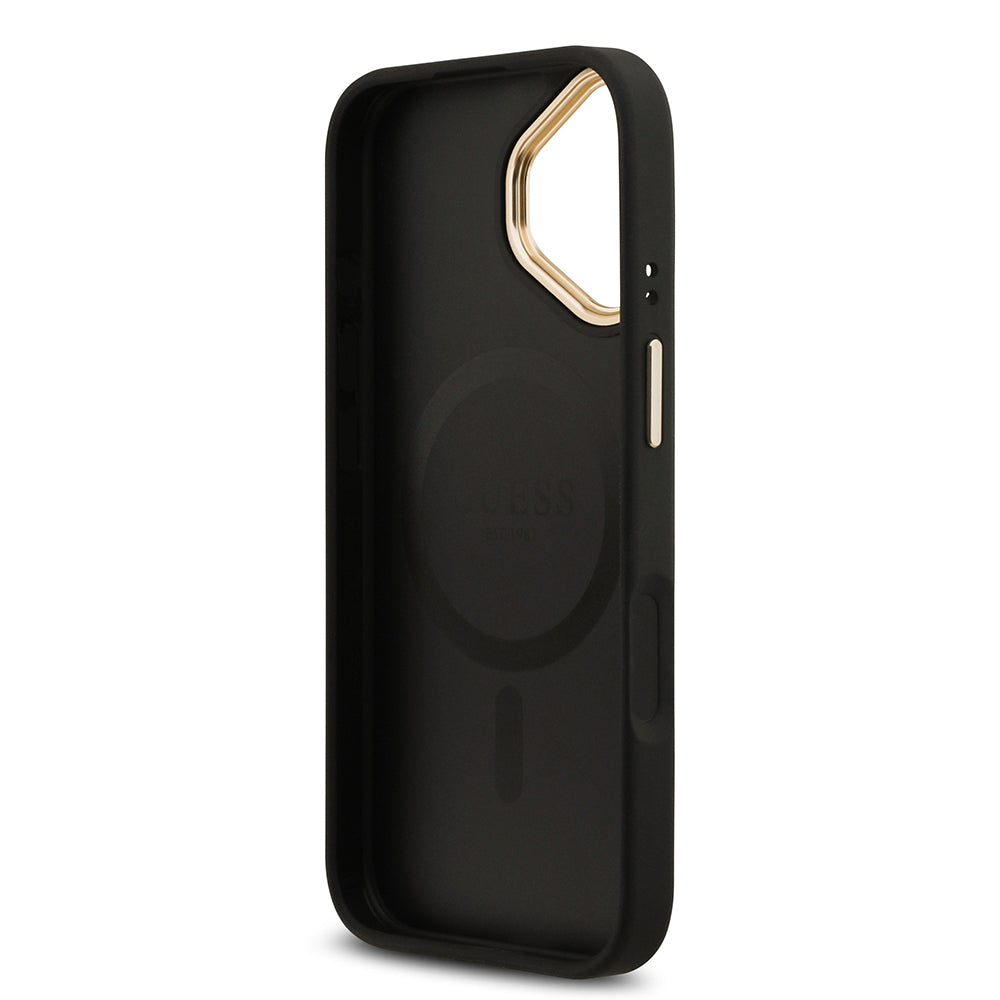 Apple iPhone 17 Kılıf Guess Orjinal Lisanslı M-safe Şarj Özellikli Gold Metal Kamera Çerçeveli Taşlı 4G Logolu Kapak  Kahverengi