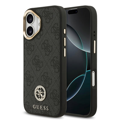 Apple iPhone 17 Kılıf Guess Orjinal Lisanslı M-safe Şarj Özellikli Gold Metal Kamera Çerçeveli Taşlı 4G Logolu Kapak  Kahverengi