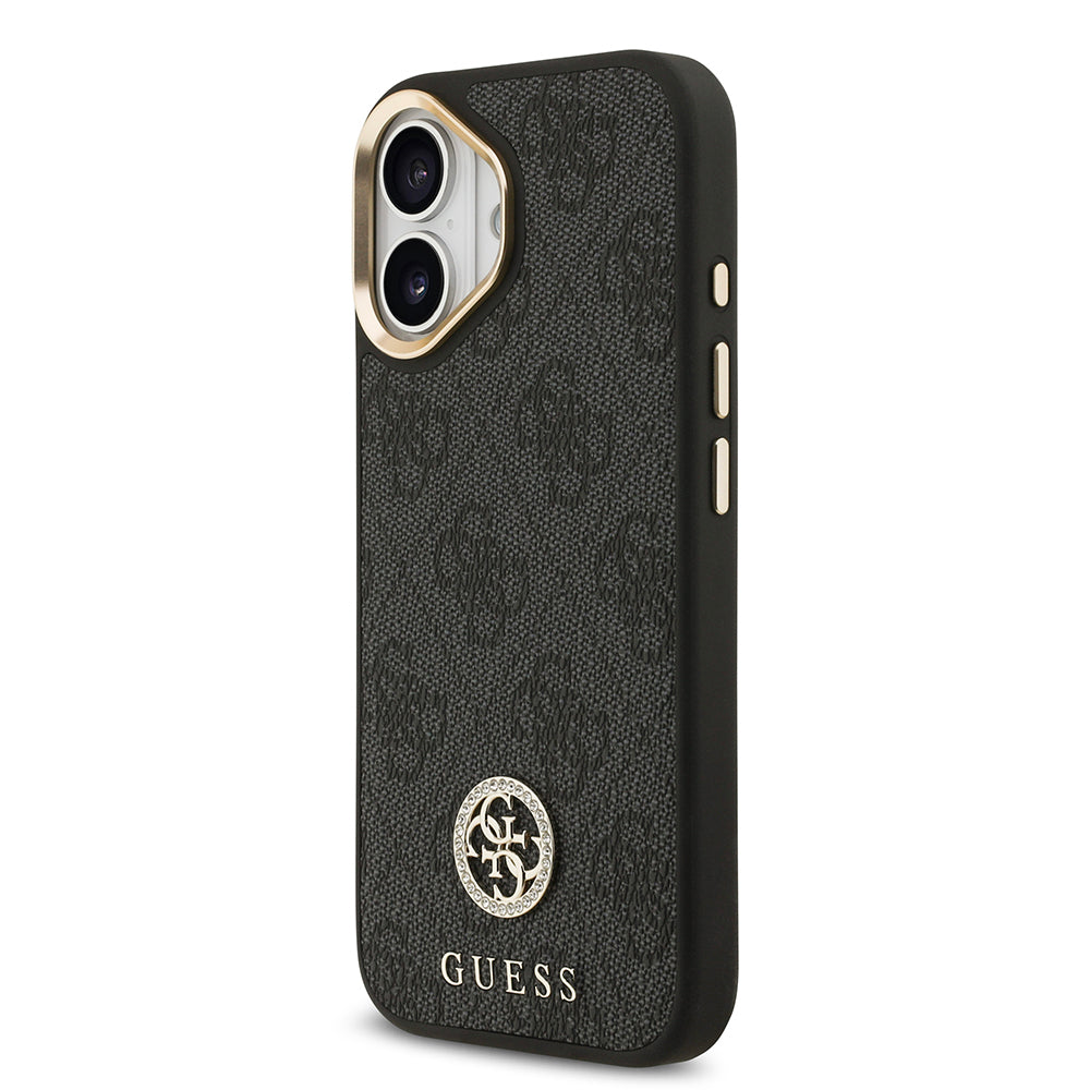 iPhone 17 Kılıf Guess Orjinal Lisanslı M-safe Şarj Özellikli Gold Metal Kamera Çerçeveli Taşlı 4G Logolu Kılıf