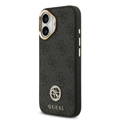 Apple iPhone 17 Kılıf Guess Orjinal Lisanslı M-safe Şarj Özellikli Gold Metal Kamera Çerçeveli Taşlı 4G Logolu Kapak  Kahverengi