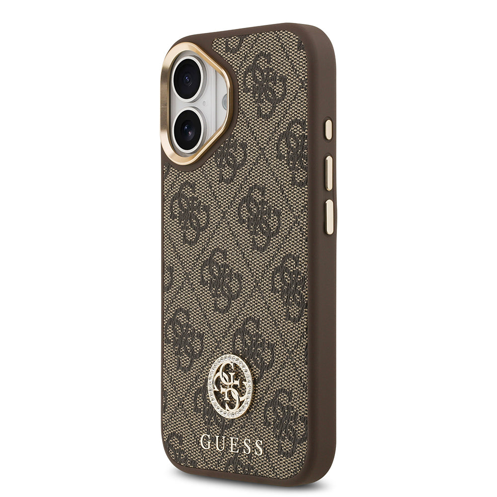 iPhone 17 Kılıf Guess Orjinal Lisanslı M-safe Şarj Özellikli Gold Metal Kamera Çerçeveli Taşlı 4G Logolu Kılıf