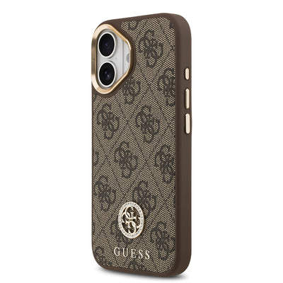 Apple iPhone 17 Kılıf Guess Orjinal Lisanslı M-safe Şarj Özellikli Gold Metal Kamera Çerçeveli Taşlı 4G Logolu Kapak  Kahverengi