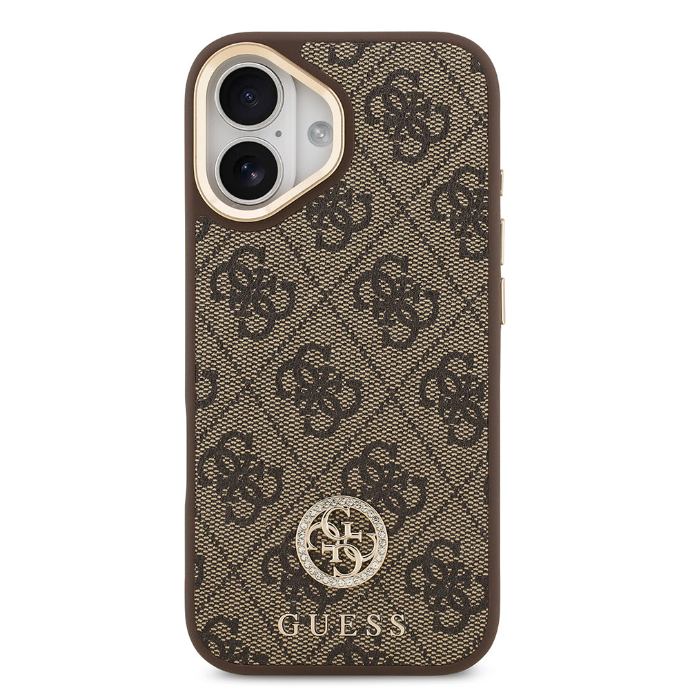 iPhone 17 Kılıf Guess Orjinal Lisanslı M-safe Şarj Özellikli Gold Metal Kamera Çerçeveli Taşlı 4G Logolu Kılıf
