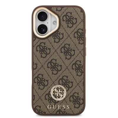 Apple iPhone 17 Kılıf Guess Orjinal Lisanslı M-safe Şarj Özellikli Gold Metal Kamera Çerçeveli Taşlı 4G Logolu Kapak  Kahverengi