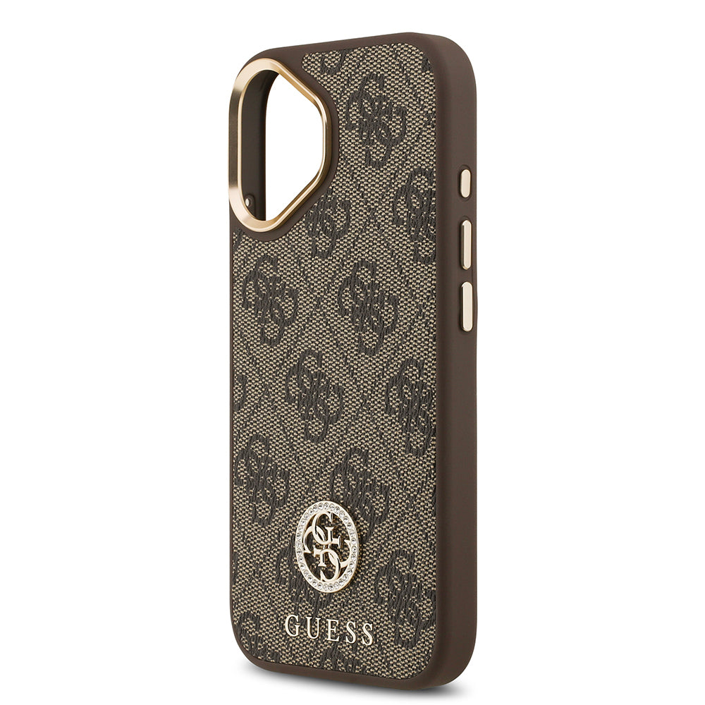 iPhone 17 Kılıf Guess Orjinal Lisanslı M-safe Şarj Özellikli Gold Metal Kamera Çerçeveli Taşlı 4G Logolu Kılıf