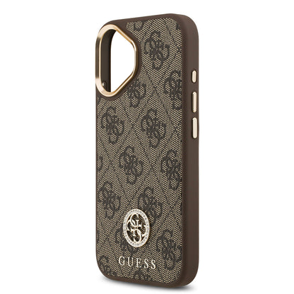 iPhone 17 Kılıf Guess Orjinal Lisanslı M-safe Şarj Özellikli Gold Metal Kamera Çerçeveli Taşlı 4G Logolu Kılıf