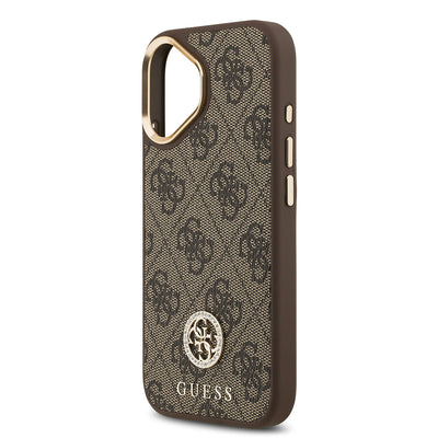 Apple iPhone 17 Kılıf Guess Orjinal Lisanslı M-safe Şarj Özellikli Gold Metal Kamera Çerçeveli Taşlı 4G Logolu Kapak  Kahverengi