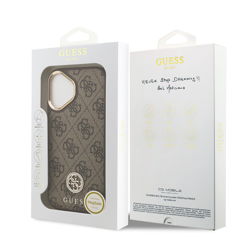 iPhone 17 Kılıf Guess Orjinal Lisanslı M-safe Şarj Özellikli Gold Metal Kamera Çerçeveli Taşlı 4G Logolu Kılıf