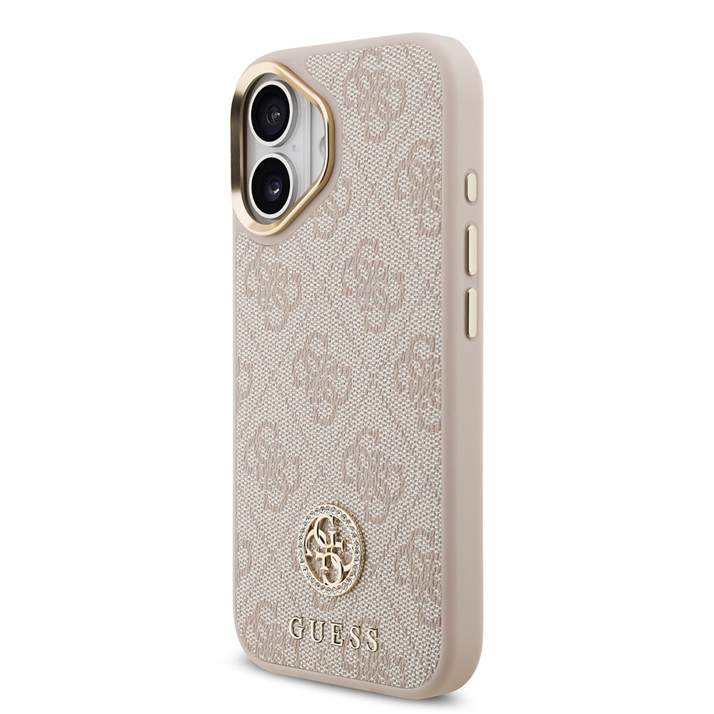 iPhone 17 Kılıf Guess Orjinal Lisanslı M-safe Şarj Özellikli Gold Metal Kamera Çerçeveli Taşlı 4G Logolu Kılıf
