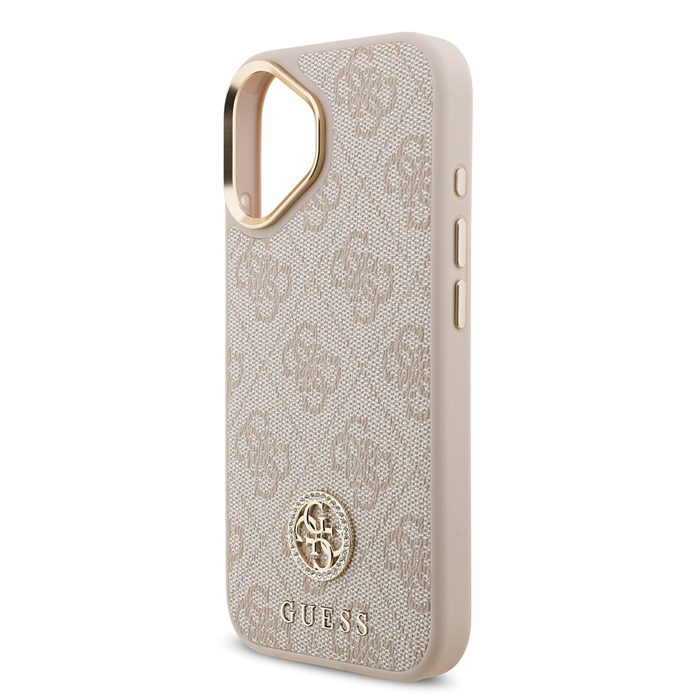 iPhone 17 Kılıf Guess Orjinal Lisanslı M-safe Şarj Özellikli Gold Metal Kamera Çerçeveli Taşlı 4G Logolu Kılıf
