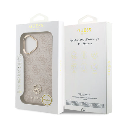 iPhone 17 Kılıf Guess Orjinal Lisanslı M-safe Şarj Özellikli Gold Metal Kamera Çerçeveli Taşlı 4G Logolu Kılıf