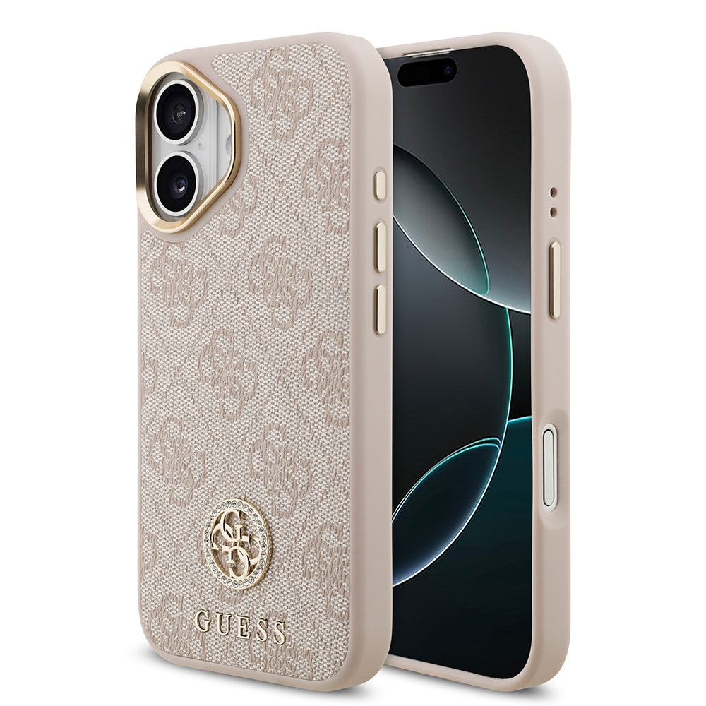 iPhone 17 Kılıf Guess Orjinal Lisanslı M-safe Şarj Özellikli Gold Metal Kamera Çerçeveli Taşlı 4G Logolu Kılıf