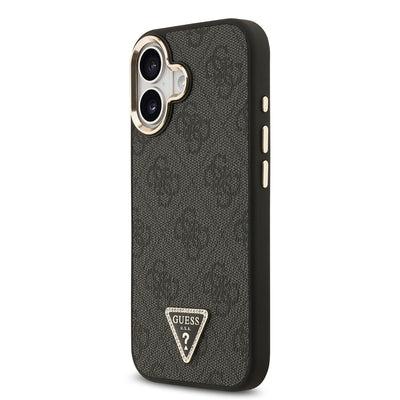 Apple iPhone 17 Kılıf Guess Orjinal Lisanslı M-safe Şarj Özellikli Gold Metal Kamera Çerçeveli Taşlı Üçgen Logo 4G Desenli Kapak Siyah