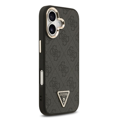 Apple iPhone 17 Kılıf Guess Orjinal Lisanslı M-safe Şarj Özellikli Gold Metal Kamera Çerçeveli Taşlı Üçgen Logo 4G Desenli Kapak Siyah