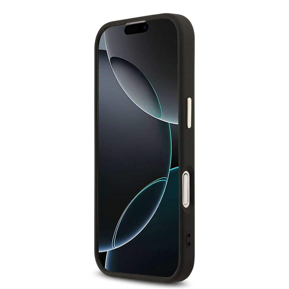 iPhone 17 Kılıf Guess Orjinal Lisanslı M-safe Şarj Özellikli Gold Metal Kamera Çerçeveli Taşlı Üçgen Logo 4G Desenli Kılıf