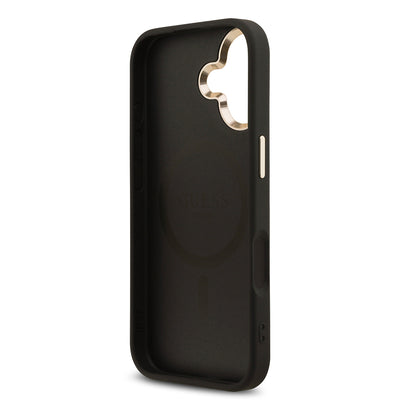 Apple iPhone 17 Kılıf Guess Orjinal Lisanslı M-safe Şarj Özellikli Gold Metal Kamera Çerçeveli Taşlı Üçgen Logo 4G Desenli Kapak Siyah