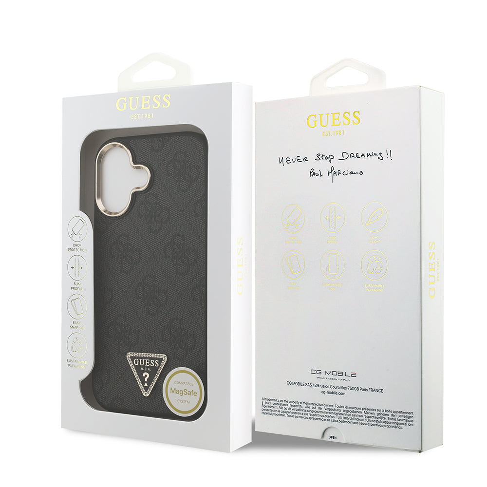 iPhone 17 Kılıf Guess Orjinal Lisanslı M-safe Şarj Özellikli Gold Metal Kamera Çerçeveli Taşlı Üçgen Logo 4G Desenli Kılıf