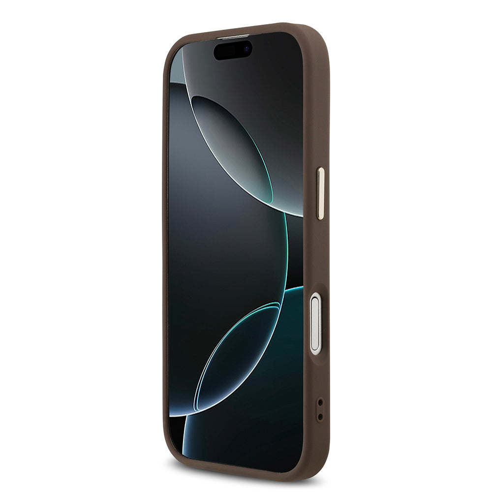 iPhone 17 Kılıf Guess Orjinal Lisanslı M-safe Şarj Özellikli Gold Metal Kamera Çerçeveli Taşlı Üçgen Logo 4G Desenli Kılıf