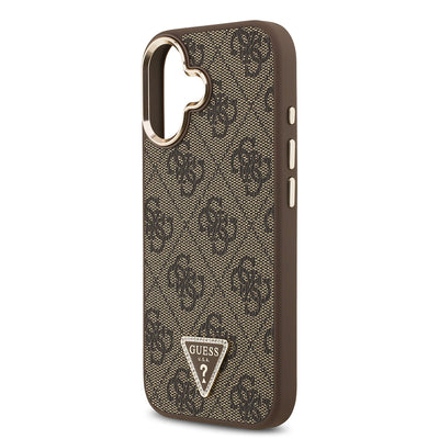 Apple iPhone 17 Kılıf Guess Orjinal Lisanslı M-safe Şarj Özellikli Gold Metal Kamera Çerçeveli Taşlı Üçgen Logo 4G Desenli Kapak Siyah