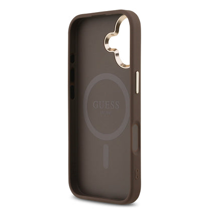 iPhone 17 Kılıf Guess Orjinal Lisanslı M-safe Şarj Özellikli Gold Metal Kamera Çerçeveli Taşlı Üçgen Logo 4G Desenli Kılıf