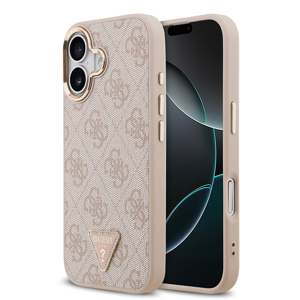 iPhone 17 Kılıf Guess Orjinal Lisanslı M-safe Şarj Özellikli Gold Metal Kamera Çerçeveli Taşlı Üçgen Logo 4G Desenli Kılıf