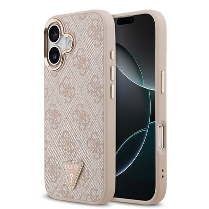 iPhone 17 Kılıf Guess Orjinal Lisanslı M-safe Şarj Özellikli Gold Metal Kamera Çerçeveli Taşlı Üçgen Logo 4G Desenli Kılıf