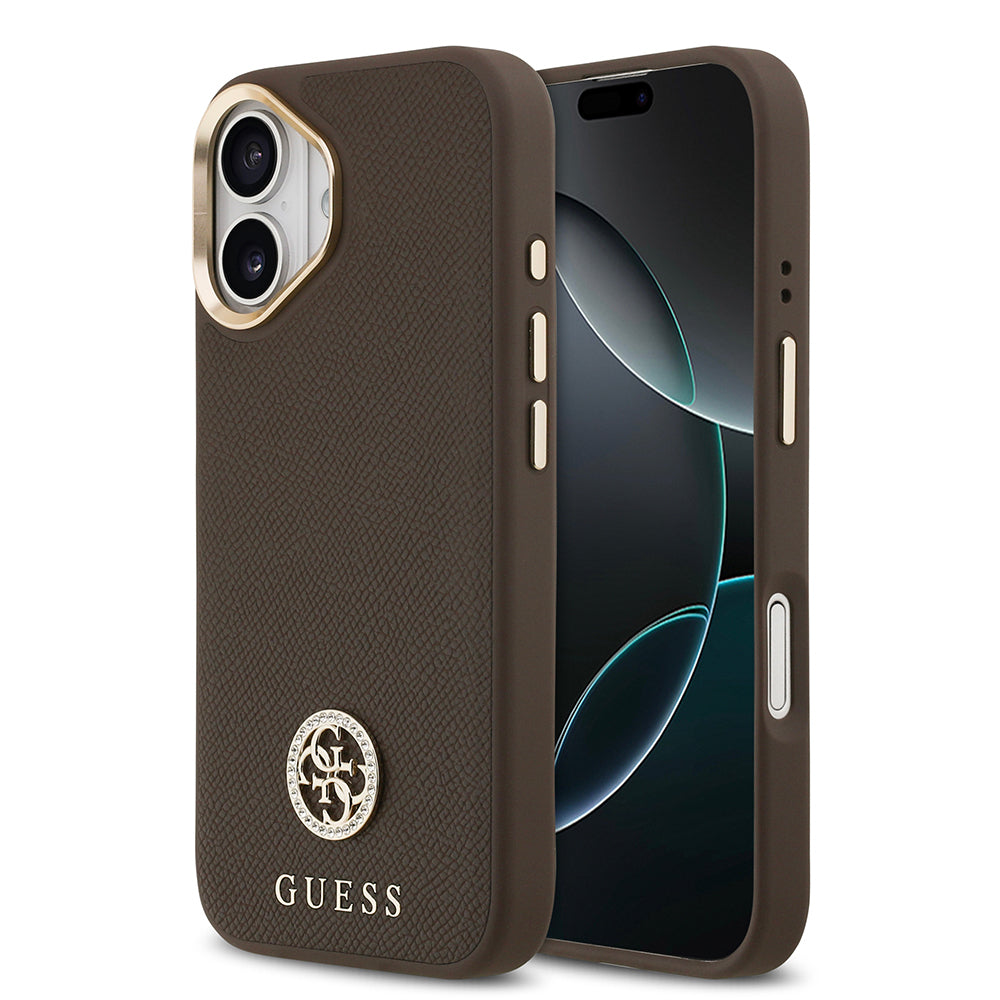 iPhone 17 Kılıf Guess Orjinal Lisanslı M-safe Şarj Özellikli Grained Yazı ve Taşlı 4G Logolu Kılıf