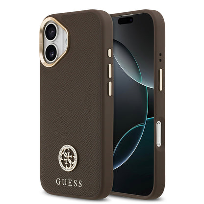 iPhone 17 Kılıf Guess Orjinal Lisanslı M-safe Şarj Özellikli Grained Yazı ve Taşlı 4G Logolu Kılıf