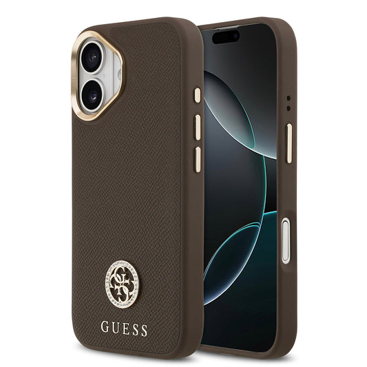 iPhone 17 Kılıf Guess Orjinal Lisanslı M-safe Şarj Özellikli Grained Yazı ve Taşlı 4G Logolu Kılıf