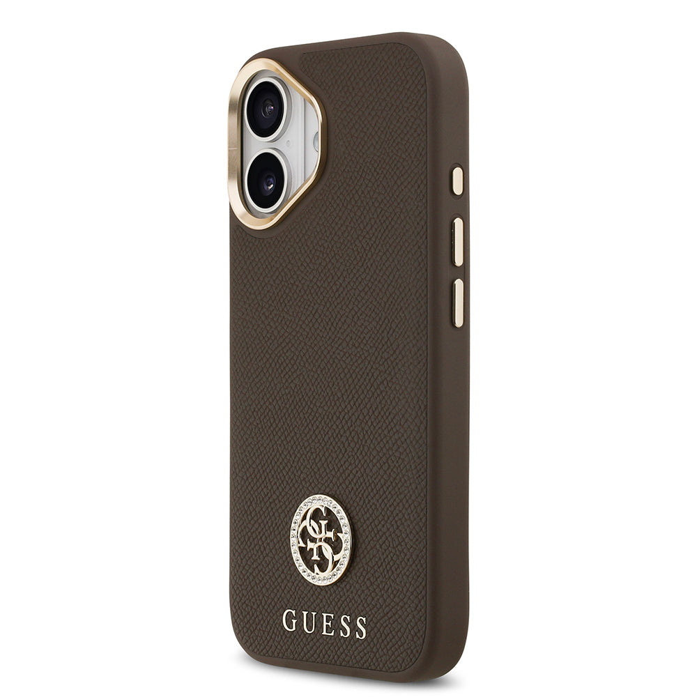 iPhone 17 Kılıf Guess Orjinal Lisanslı M-safe Şarj Özellikli Grained Yazı ve Taşlı 4G Logolu Kılıf