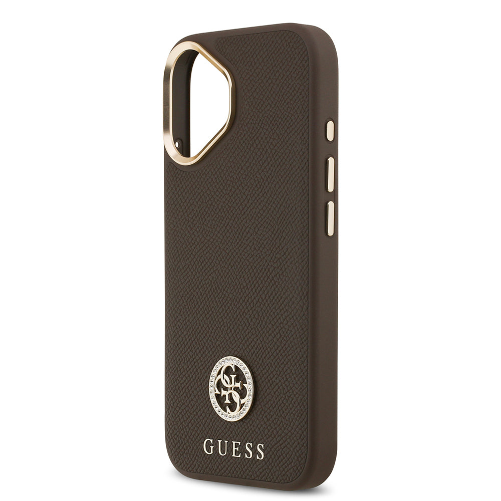 iPhone 17 Kılıf Guess Orjinal Lisanslı M-safe Şarj Özellikli Grained Yazı ve Taşlı 4G Logolu Kılıf