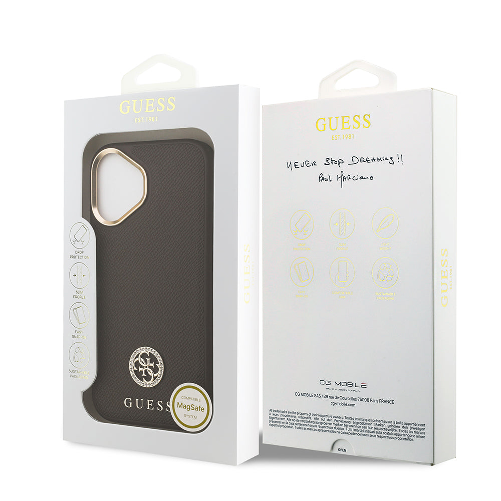 iPhone 17 Kılıf Guess Orjinal Lisanslı M-safe Şarj Özellikli Grained Yazı ve Taşlı 4G Logolu Kılıf