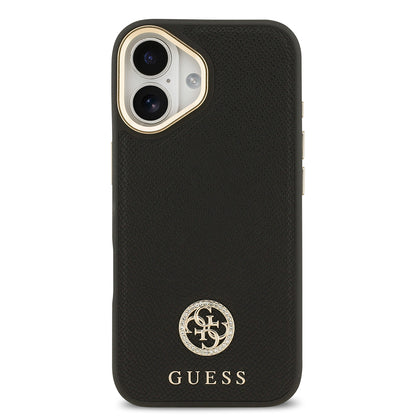 iPhone 17 Kılıf Guess Orjinal Lisanslı M-safe Şarj Özellikli Grained Yazı ve Taşlı 4G Logolu Kılıf
